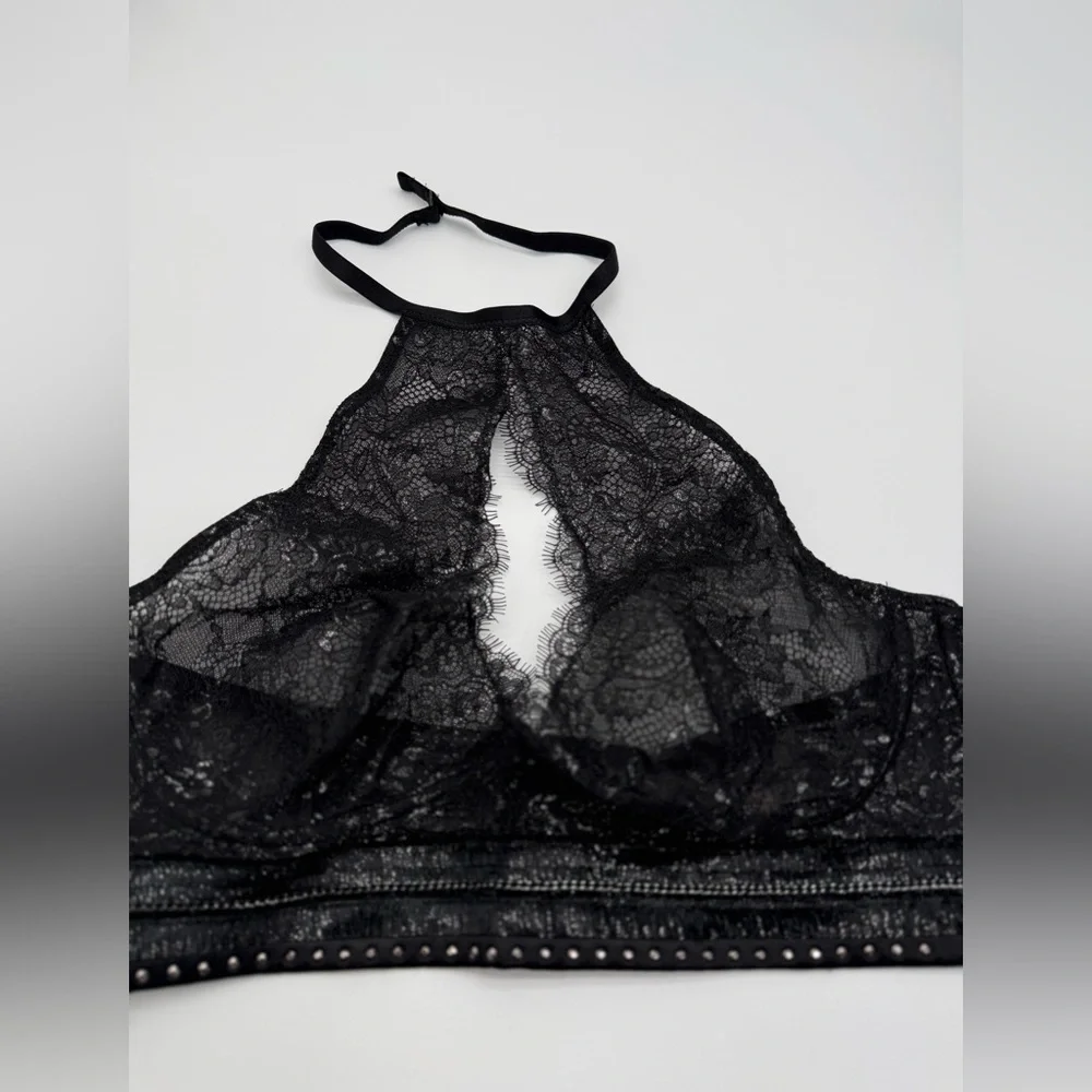 Victoria's Secret Sexy Black Floral Silver Lace Halter Bralette NWT Sz XL - Picture 6 of 16